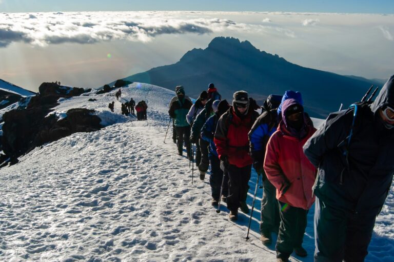 Climbers on the final snowy ascent of Kilimanjaro